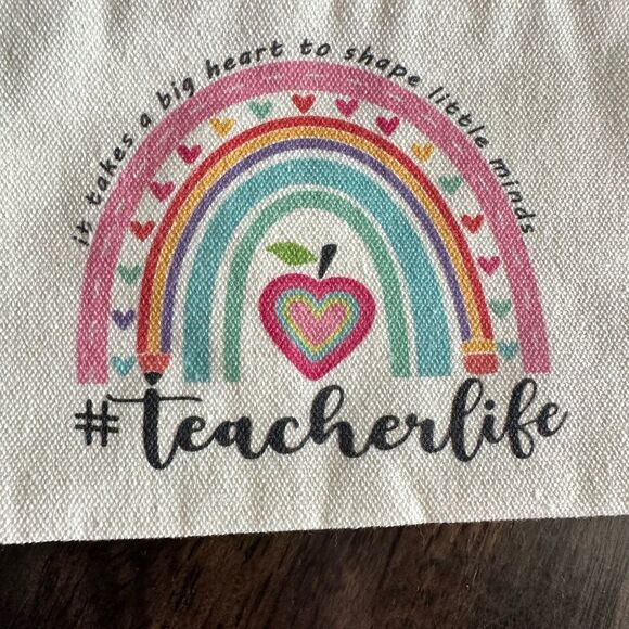 NWT - Cream Canvas Pouch with Rainbow Design Teacher Life- Makeup Bag Pencil Bag - Picture 4 of 5